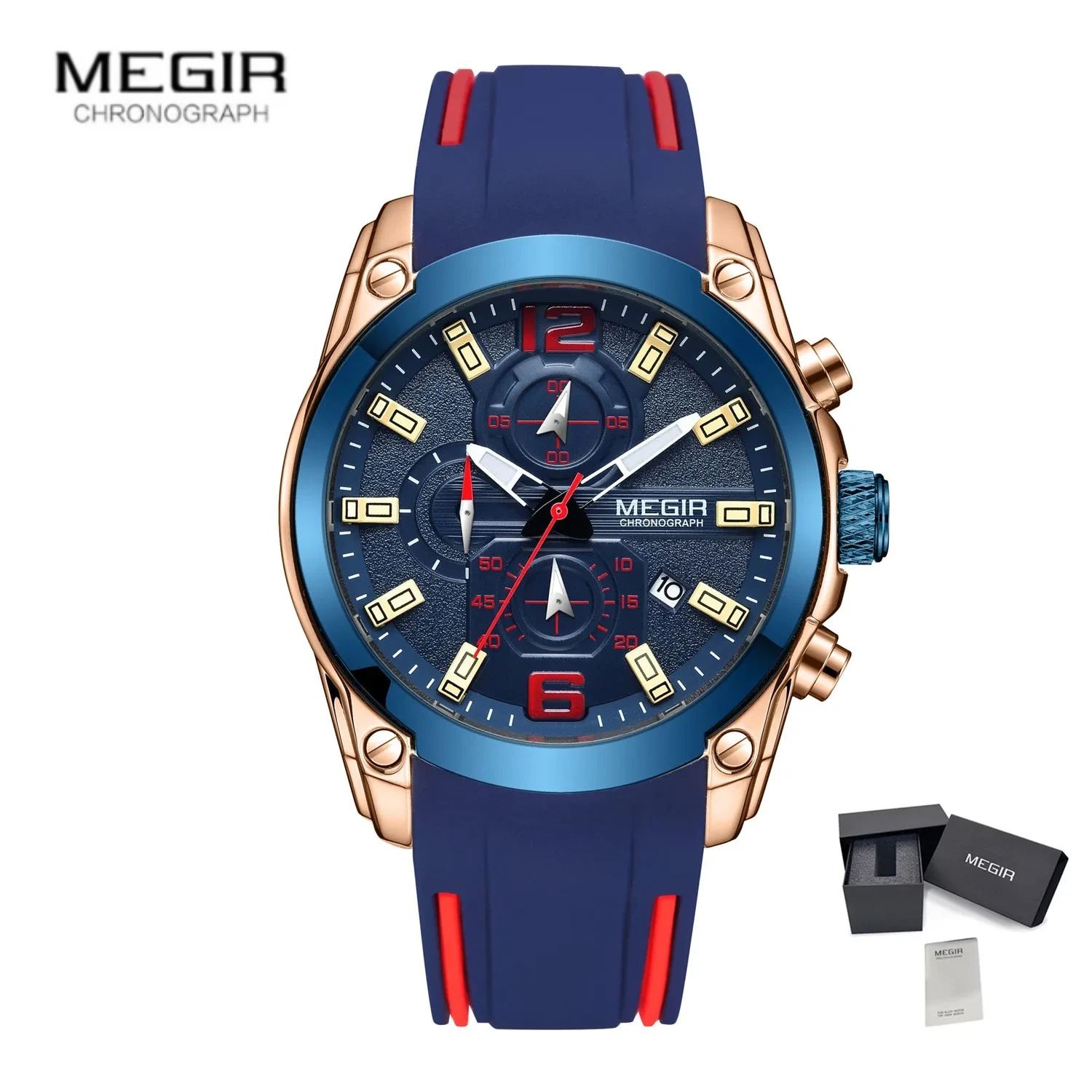 

MEGIR 2063 Men's Sports Quartz Watch Waterproof Silicone Strap Timing Clock Calendar Luxury Large Dial Watches for Man Reloj