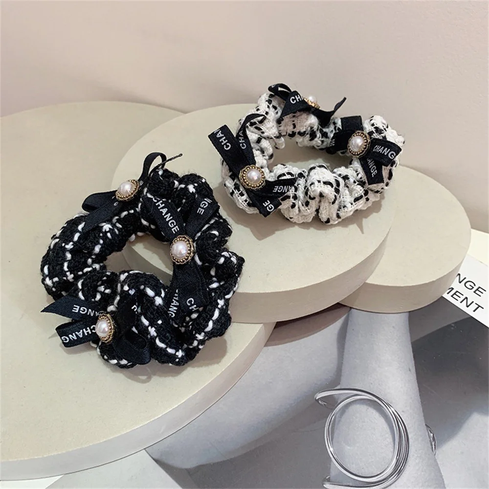 Black White Hair Rope Pearls Bownot Hair Ties for Girl Ponytail Elastic Rubber Scrunchies Fashion Hair Accessories