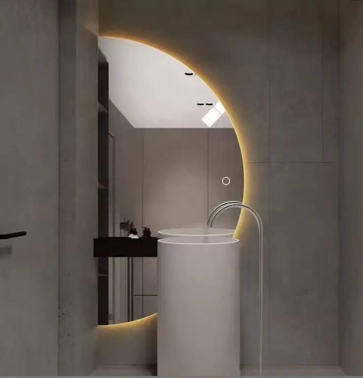 Big size customized LED Smart Mirror with Irregular Round Half Moon Design Wall Mirror for Home Hotel Bedroom Decor Touch Sensor
