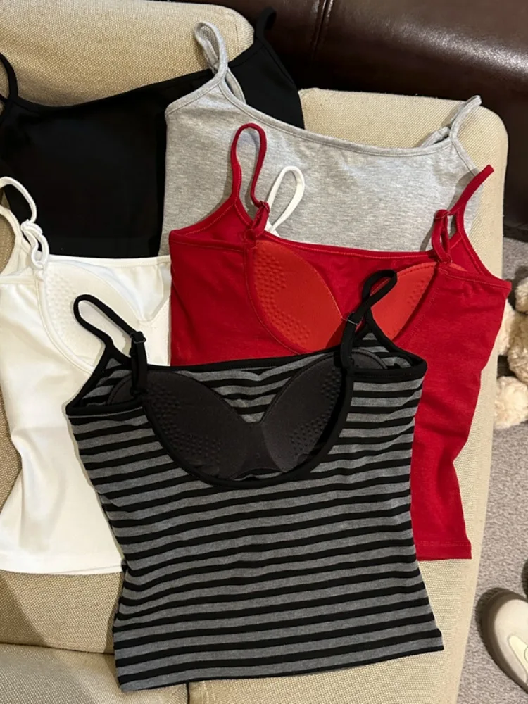 

Retro Striped Slim Fit Strap Vest Women's Summer New Style Outdoor Wear Pad Chest Sleeveless Top Korean Style Hot Girl
