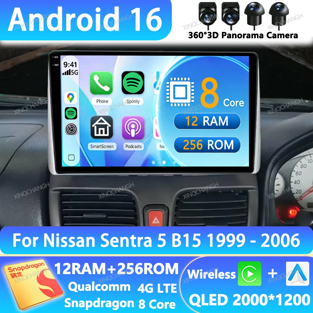 Radio para Auto Android 16 para Nissan Sentra 5 B15 1999-2006, Unidad Principal con Bluetooth, 4G LTE, 5G WIFI, Reproductor Multimedia de Video, Pantalla QLED, Navegación GPS