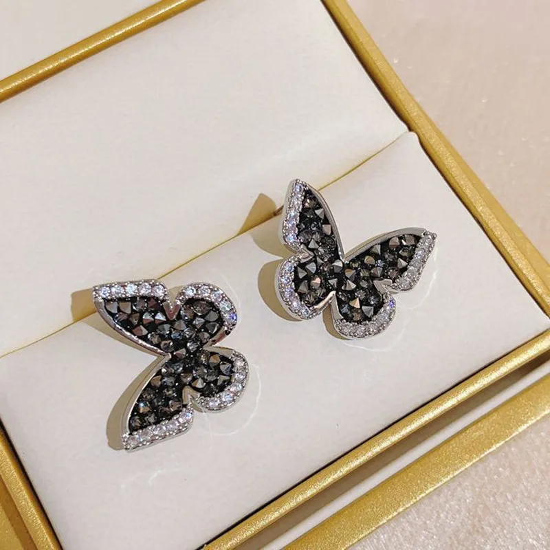 Cor Prata Incrustada Zircão Borboleta Brincos para Mulheres, Cristal Preto, Jóias De Casamento, Presentes De Aniversário, Personalidade Moda