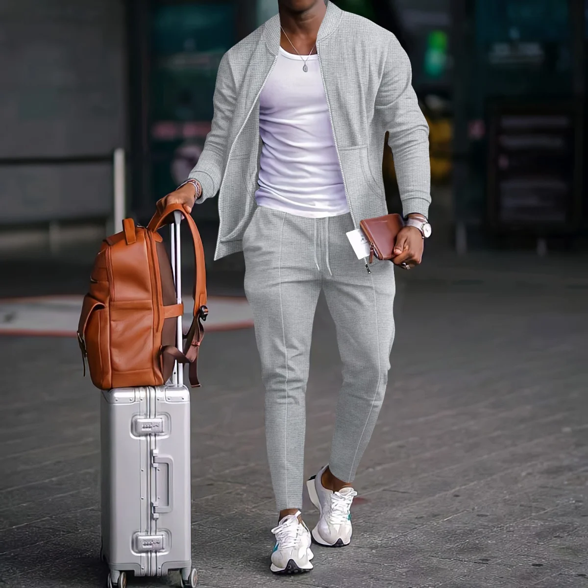 2025 Men's fall new Waffle baseball suit zipper long sleeve pants business casual sports suit