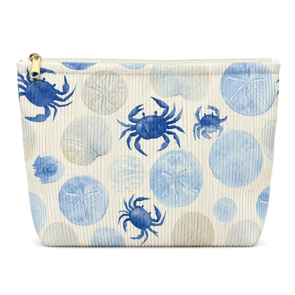 Starfish Shell Print Storage Makeup Pouch 2D Printed Large Capacity Travel Toiletry Bag Ocean Animal Crab Corduroy Makeup Bag