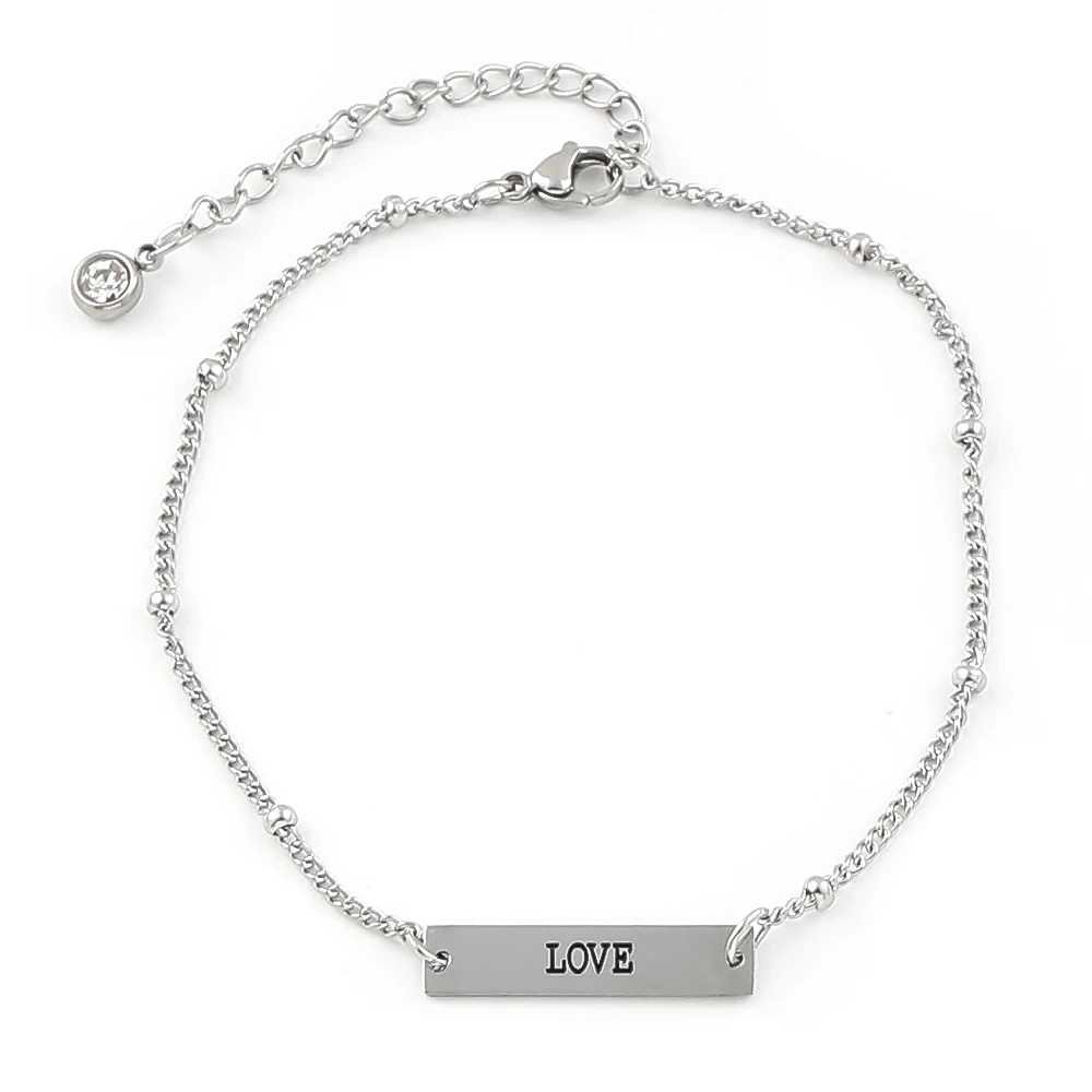 Minimalist Letter Engraved Love Bar Ankle Bracelet Stainless Steel Beaded Foot Chain Crystal Extension Charm Jewelry Gifts