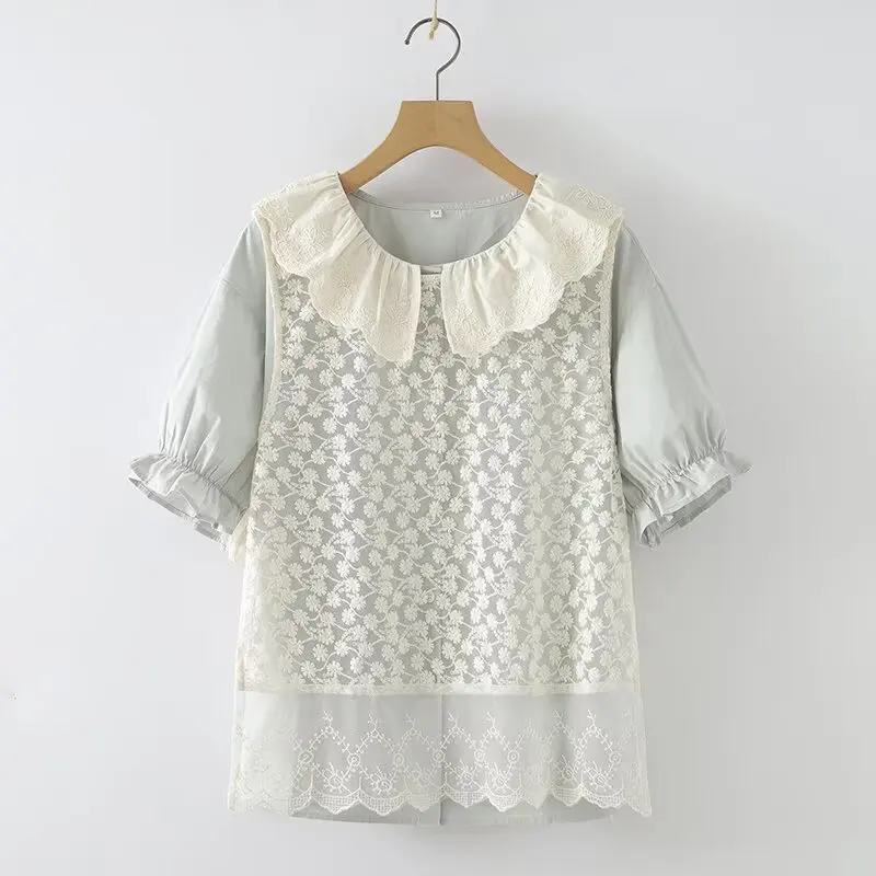 ใหม่2025ฤดูร้อนผ้าฝ้ายเสื้อชุด2ชิ้นผู้หญิงTurn-Downคอเย็บปักถักร้อย, Moriสาวหวานแขนสั้นชุดS55824CC