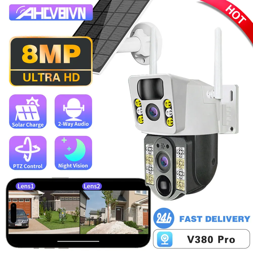 4K 8MP Dual Lens V380 Pro 4G SIM Card Solar Battery PTZ Outdoor Wireless Bidirectional Call Security CCTV Auto Tracking Camera