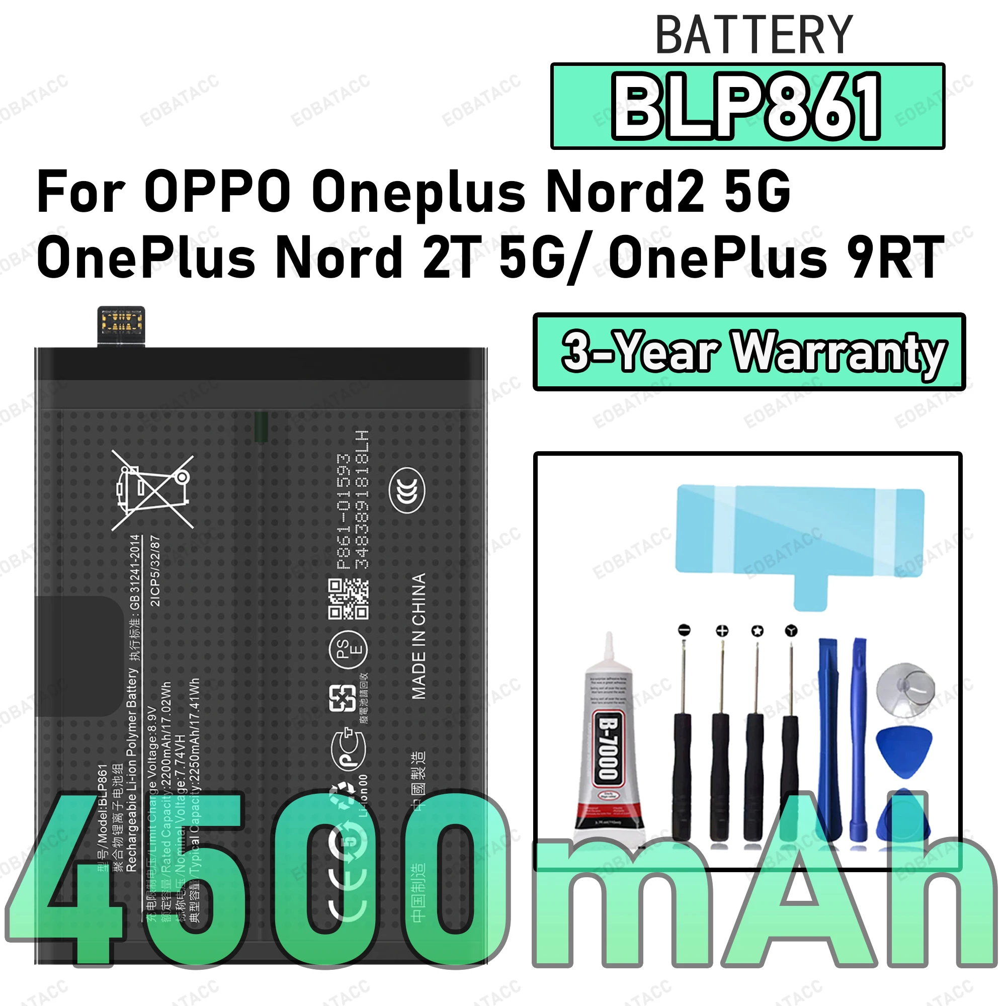 

4500mAh BLP861 Battery For OPPO Oneplus Nord2 5G/OnePlus Nord 2T 5G/9RT Replacement Bateria+Free Tools