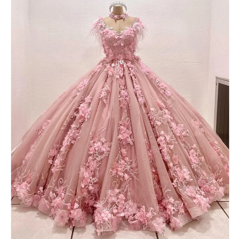 

pink luxury princess quinceanera dress lace appliqué ball gown crystal beading 15 sweet princess birthday party dress