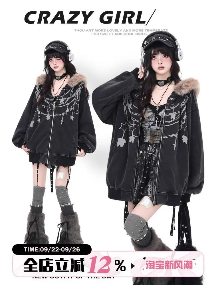 

Women Fur Hooded Coat 2025 New Women's Autumn Hooded Loose Jacket Top Vintage Printed Design Street Style Unique Necklace Detail