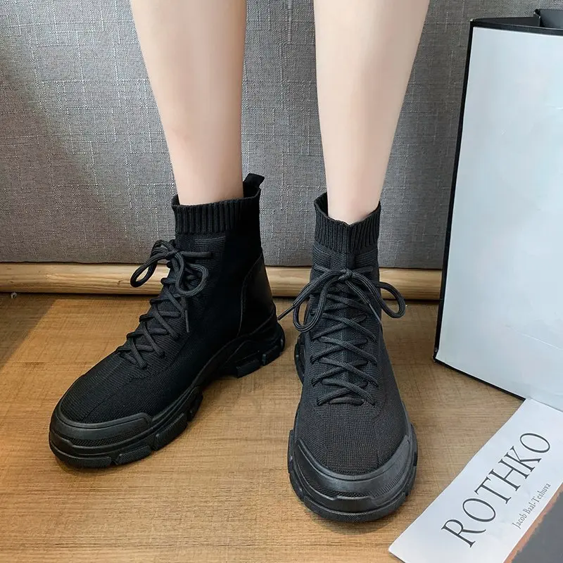 Women Ankle Boots Breathable Knitted 2021 Fashion Autumn Female Platform Boot Lace Up Mid-calf Boot Ladies Shoes Footwear