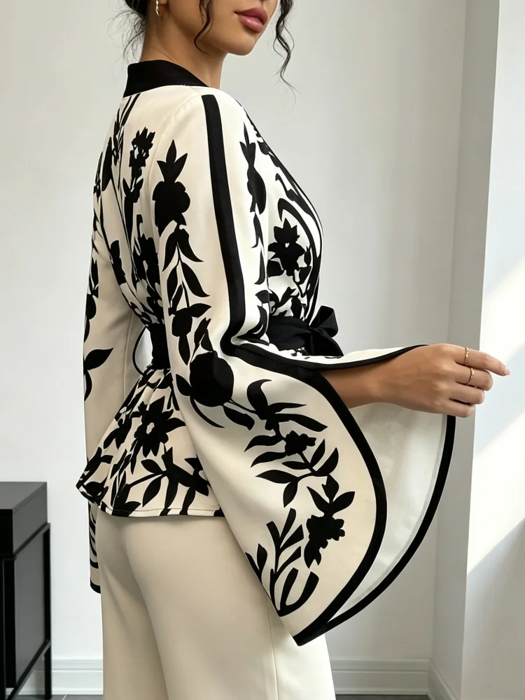 Women's Printed Coat with V-neck Flared Long Sleeved Lace Up Top, Elegant Suitable For Daily Commuting Party Dresses