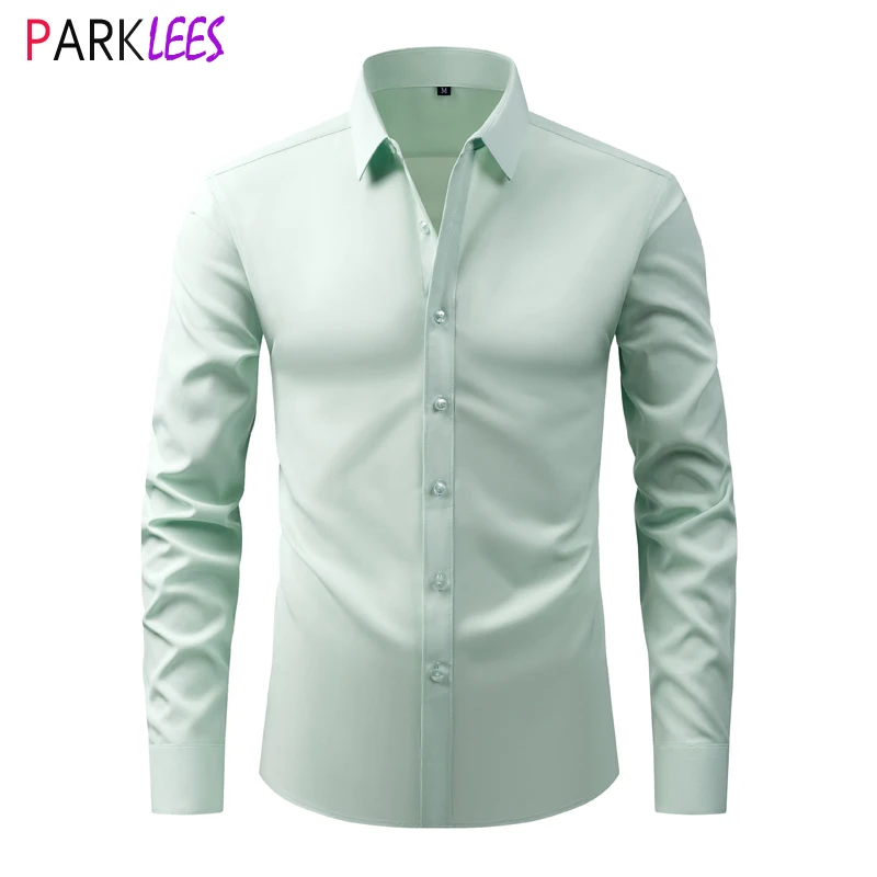 

Light Mint Mens Dress Shirts Wrinkle-free Stretch Button Down Shirt Men Long Sleeve Slim Fit Formal Business Chemise Homme 2024