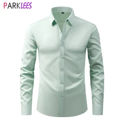 Light Mint Mens Dress Shirts Wrinkle-free Stretch Button Down Shirt Men Long Sleeve Slim Fit Formal Business Chemise Homme 2024