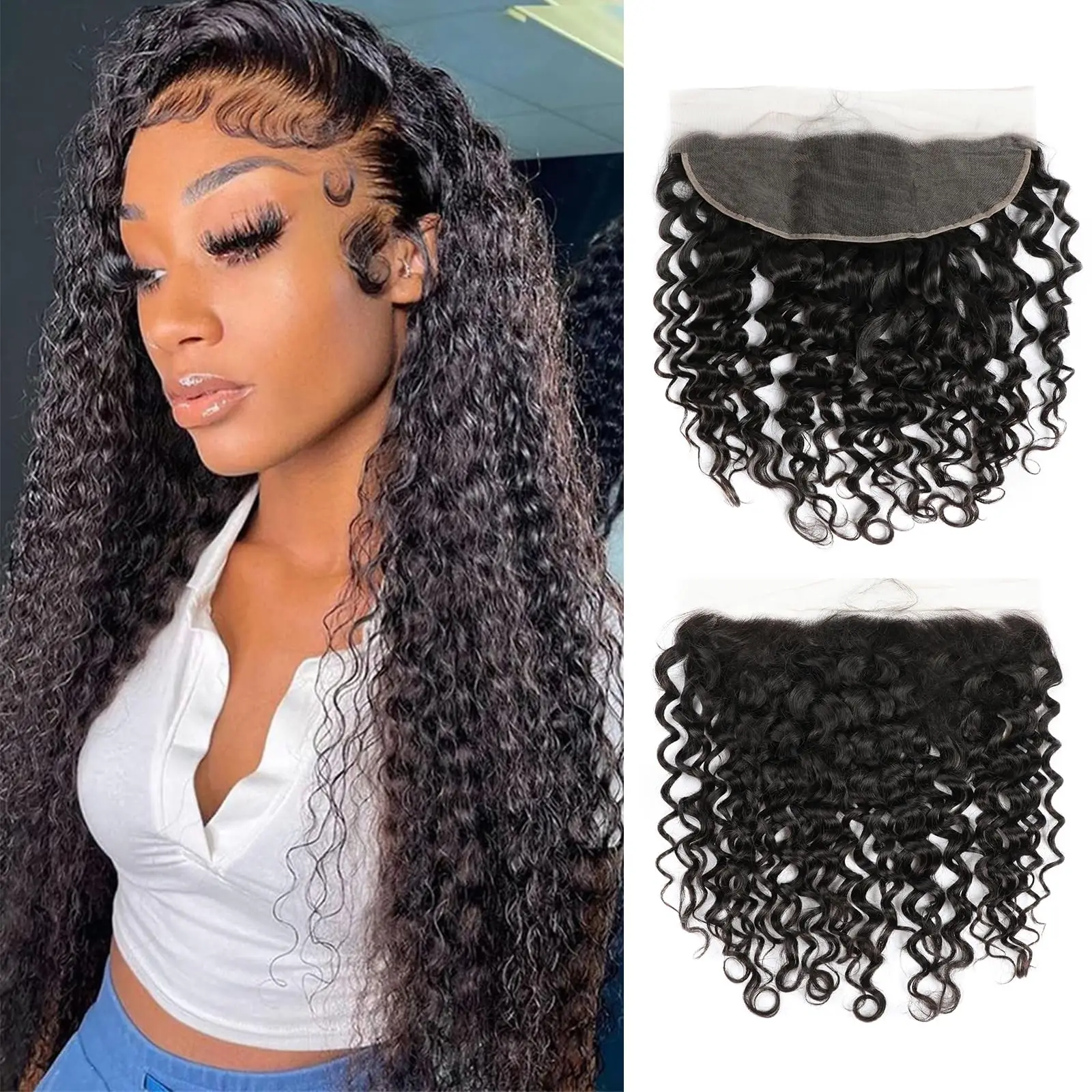 

Волосы Water Wave 4x4 13x4 Lace Frontal из натуральных человеческих волос, прозрачный швейцарский кружевной фронтальный патч, 150% плотность, натуральный цвет, необработанные бразильские девственные волосы
