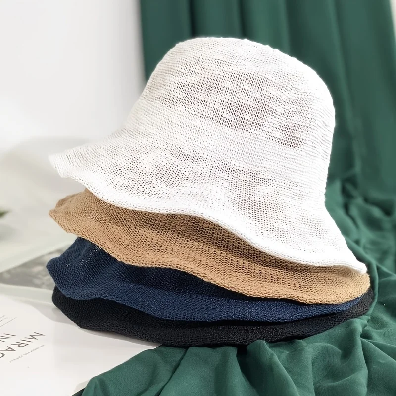 Atmungsaktiver, faltbarer Sonnenhut für Damen, schicker, einfarbiger Fischerhut mit breiter Krempe, durchbrochener Sonnenschutz, Strandhut für Outdoor-Aktivitäten