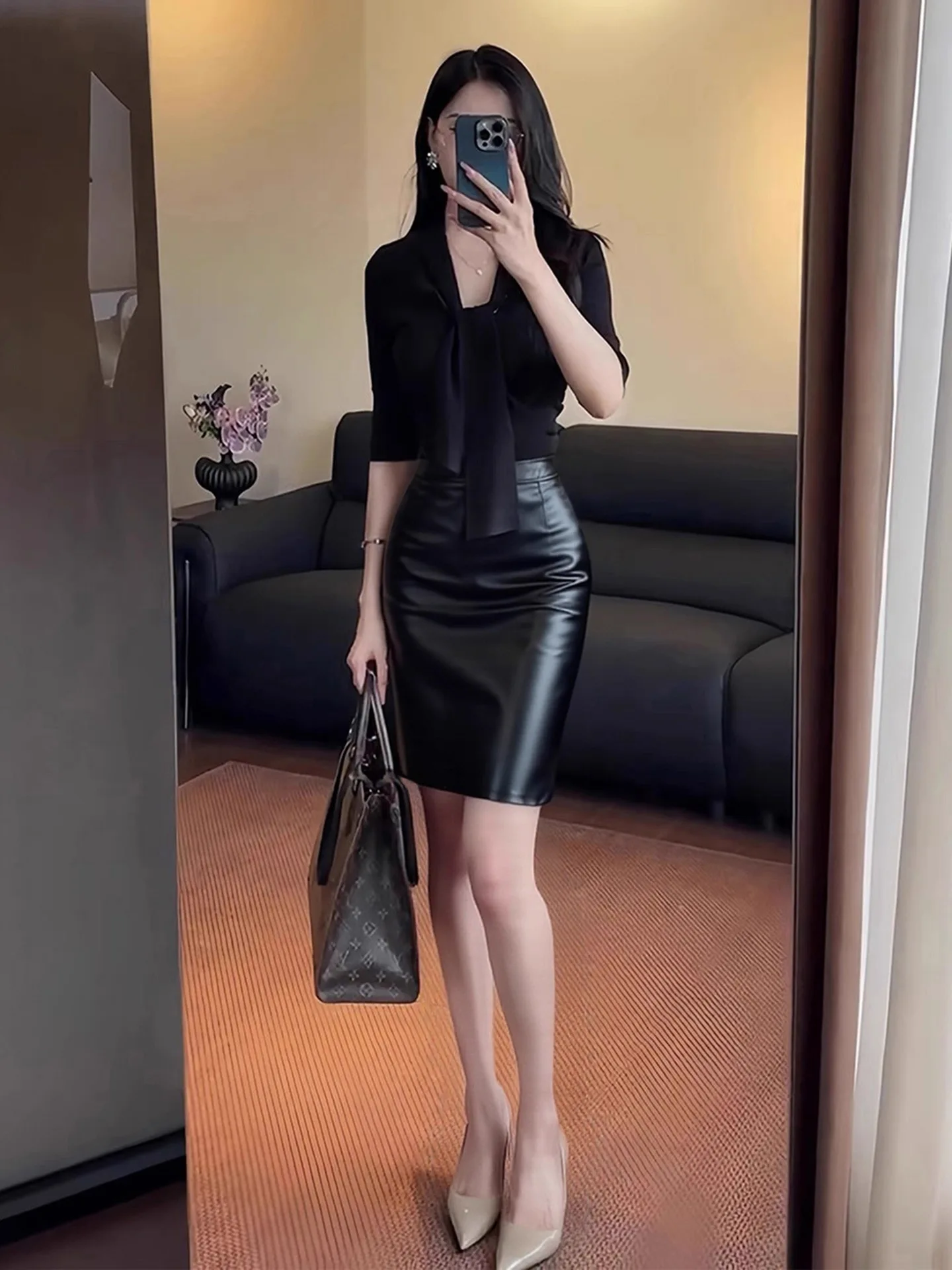 

eepskin Real Leather Skirt Women's High Waist Slim Fit Bodycon Midi Skirt Tight Micro Elastic One Step Skirt