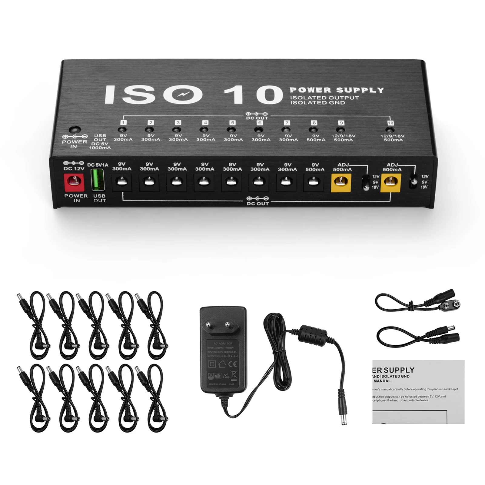 

MOSKYAudio ISO-10 Portable Guitar Effect Power Supply Station 10 Isolated DC Outputs & One 5V USB Output for 9V 12V 18V Guitar