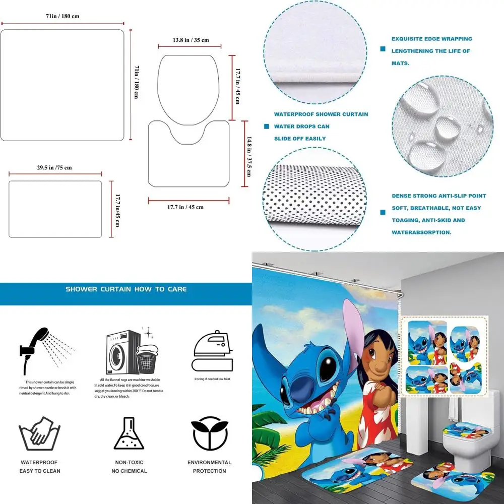 مجموعة حمام كرتونية ستيتش: ستارة حمام، غطاء مقعد المرحاض، سجادة حمام وسجاد، مقاومة للماء، 72 × 72