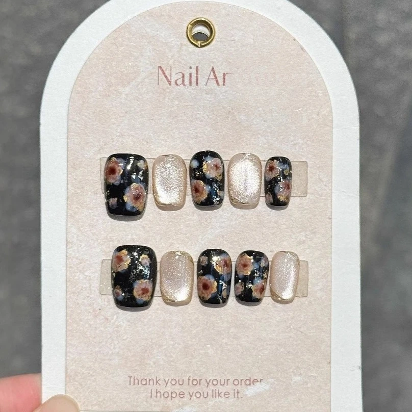 10枚入り コージーキャットアイ プレスオンネイル ショートスクエア つけ爪 シルバーグリッター ネイルアートチップ ヴィンテージ 3Dフラワー フェイクネイル プレスオン