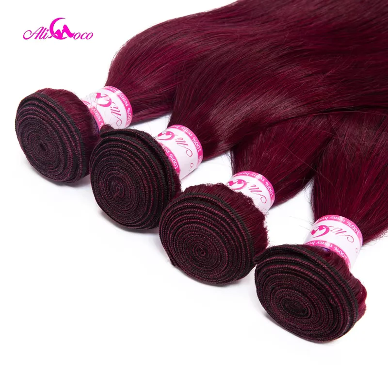 Mèches brésiliennes naturelles Remy lisses bordeaux foncé-Ali Coco, 99j, 5x5, avec closure