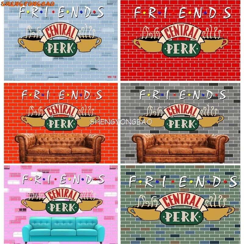 

Friends Party Central Perk Brick Wall Photography Backdrops Props Retro Sofa Children Birthday Theme Studio Background QZ-25