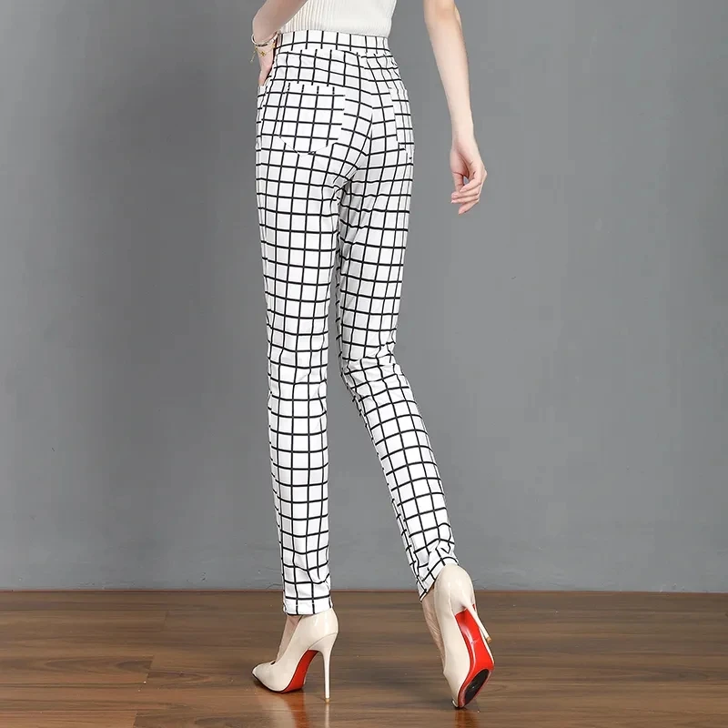 Black And White Checkered Printed Pants Women Stretch Versatile Straight Simple Trousers 2024 Spring Autumn NewWomen\'s Pants