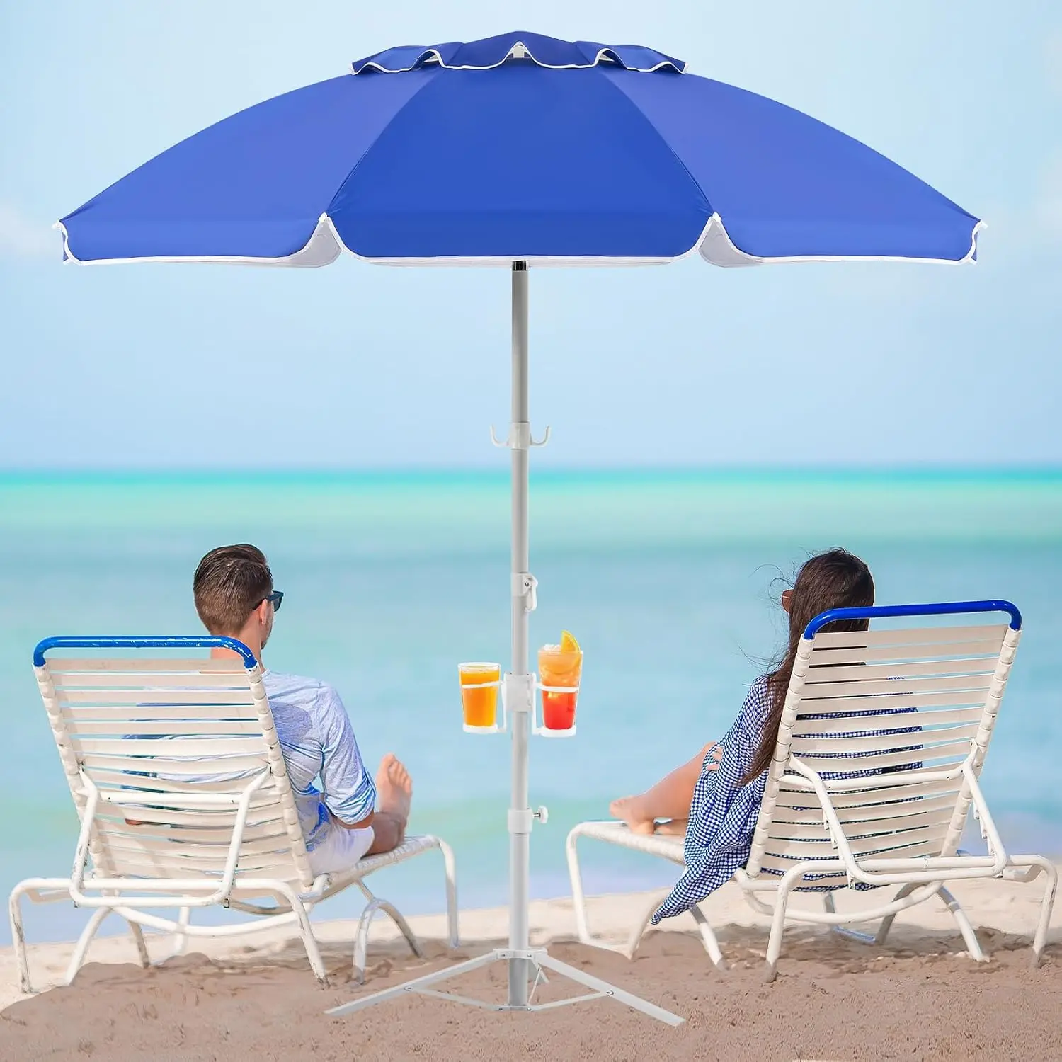 6.5ft Portable Umbrella With Stand Folding Sun Shade Canopy Anti UV Protection Height Adjustable Telescoping Pole Sand Anchor Carry Bag Outdoor Garden Patio Beach Pool Lawn Sports Blue 1 Pack