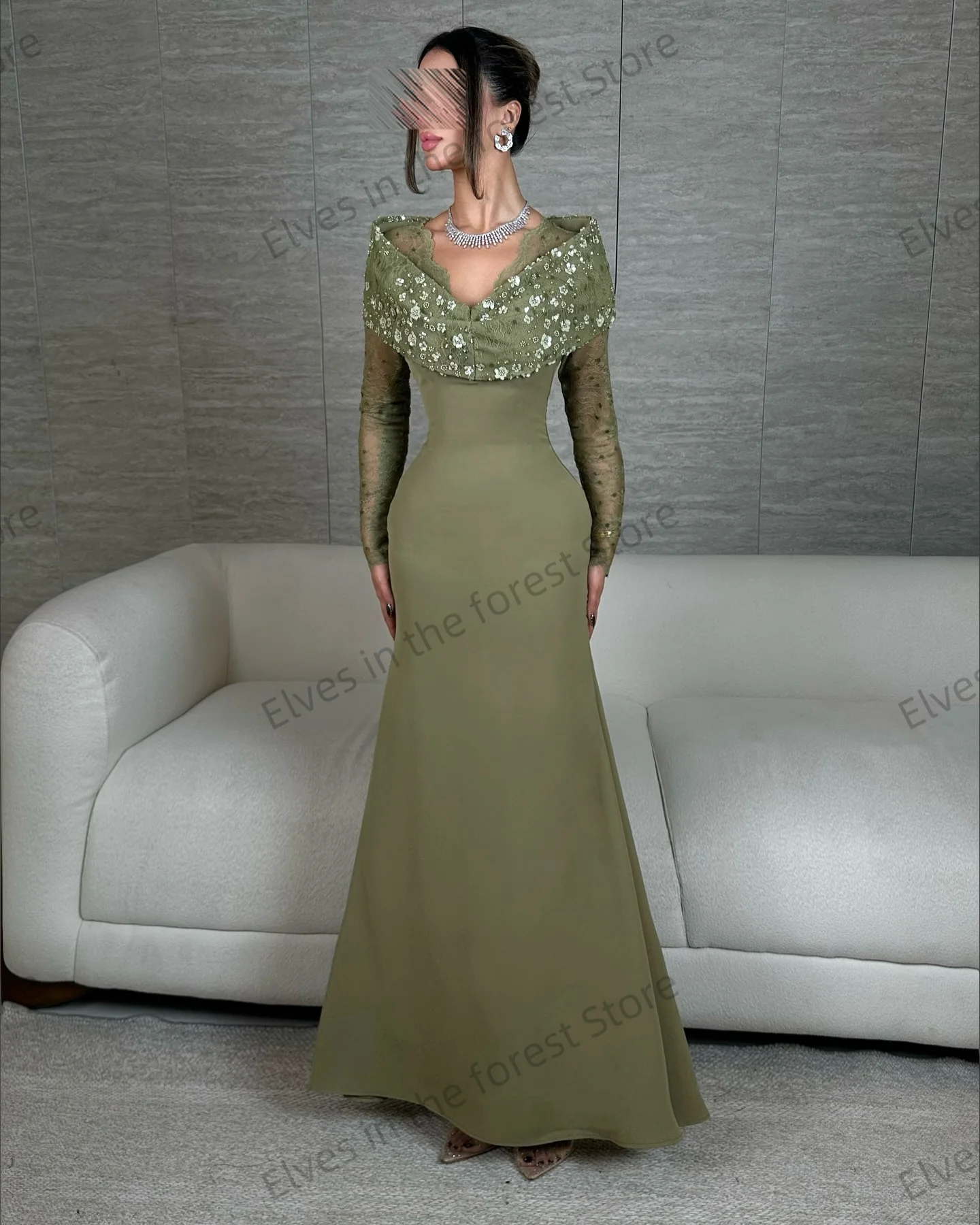 فساتين سهرة حورية البحر الخضراء العتيقة للنساء أنيقة على شكل حرف V وأكمام طويلة فساتين حفلات مخصصة بطول الأرض فساتين الزفاف