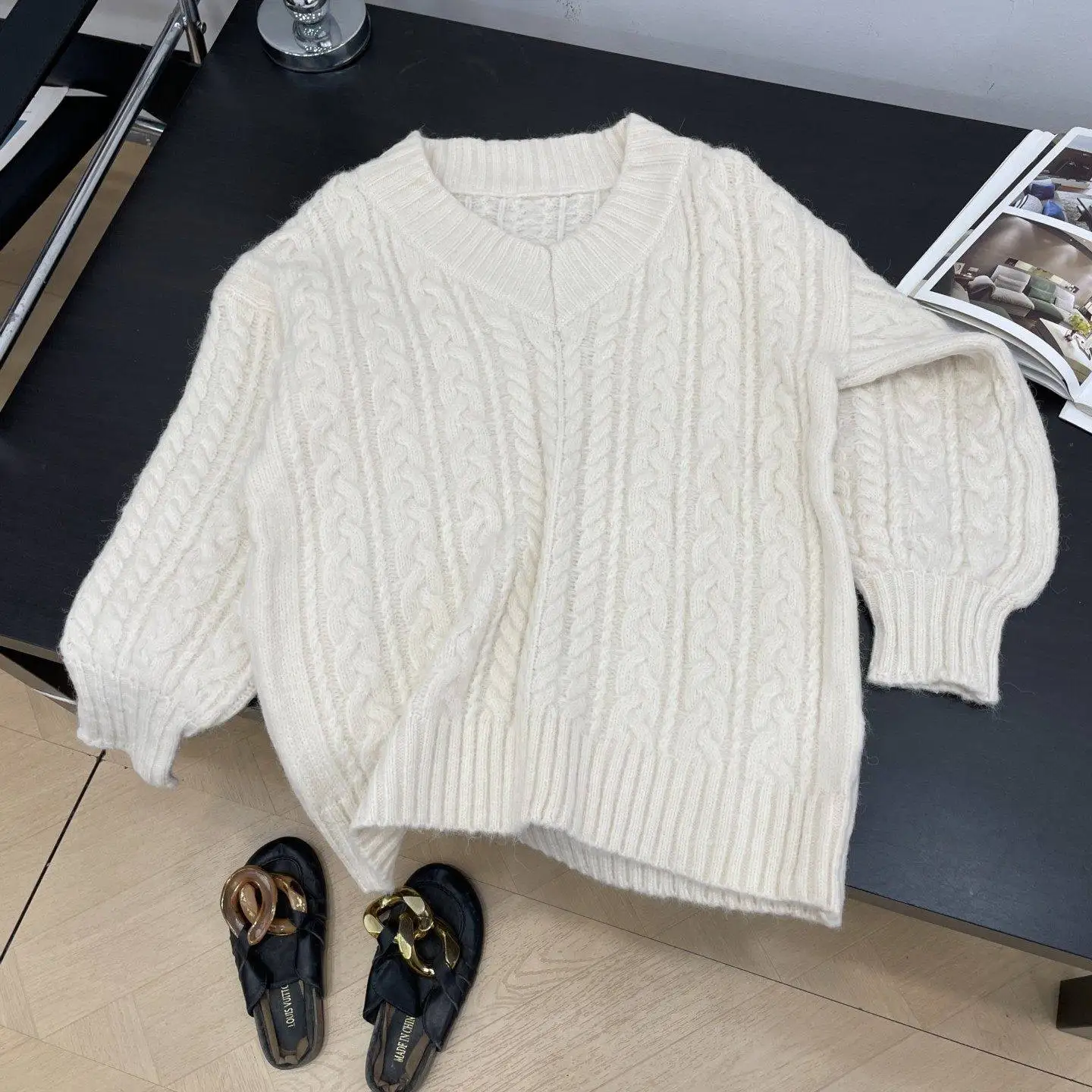 

Sli Loose Thiened V-Ne Sweater 2 Pieces Autumn Winter Faionable Lazy Sle Top K8 Sweet Sle Straight Cut Long Sl...