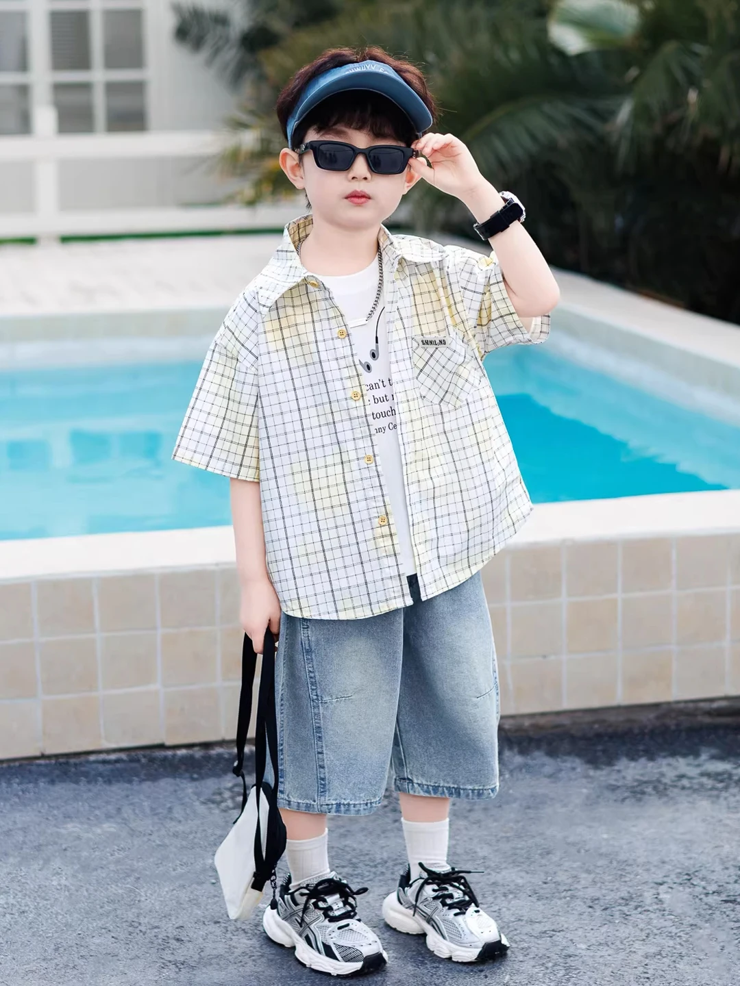 cool-boys-summer-plaid-short-sleeve-shirt-three-piece-set-trendy-korean-style-breathable-lightweight-comfortable-children's-o