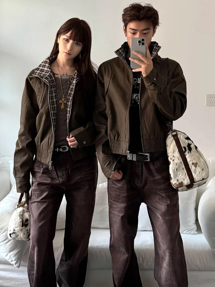 

American Retro Plaid Splicing Fake Two-Piece Jaet Men's Spring Autumn Loose Cool Baseball orm Couples Matching Outerwear