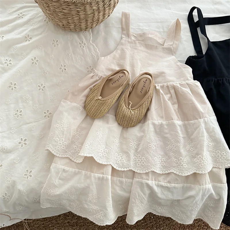 

Spring Summer Autumn Children's Clothing Children's Lace Patchwork Sleeveless Dress Girls' Heavy Craft Solid Color Vest Long Dre