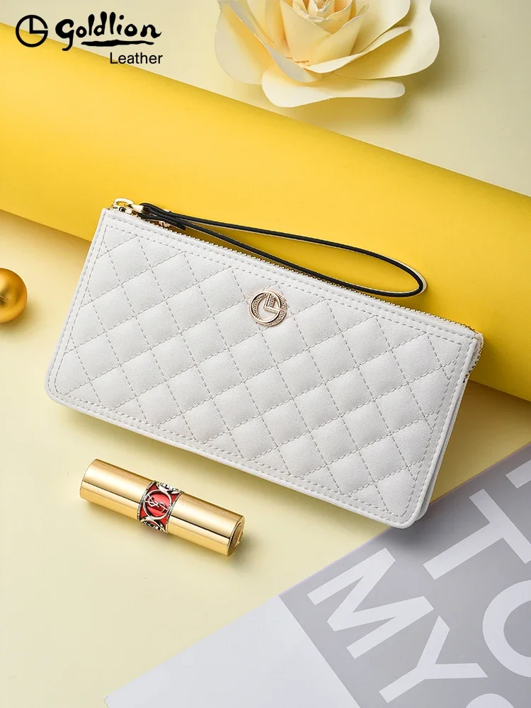 

Original Goldlion Luxury Designer New long leather mobile phone bag diamond check handbag Women's zipper thin clutch bag