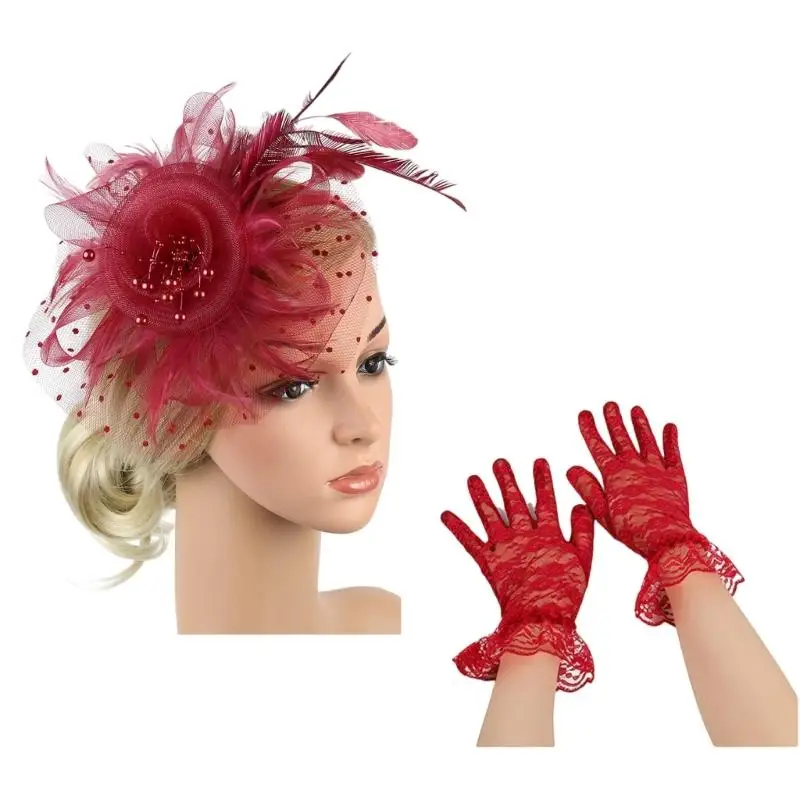 39BD Set aus zartem Brautschleier, Fascinator und Handschuhen mit Zierfedern für Bräute – Detail 3