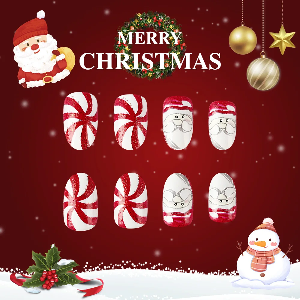 24 pçs papai noel remendos de unhas falsas glitter vermelho estilo francês chapéu de natal projetos imprensa em unhas wearable amêndoa manicure para festa