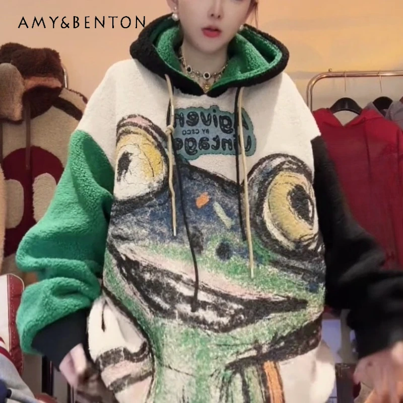 

2025 Autumn Winter Cute Cartoon Print Hooded Frog Lamb Wool Hoodies Coat For Women's Loose Color Block Patchwork Top Sweatshirt