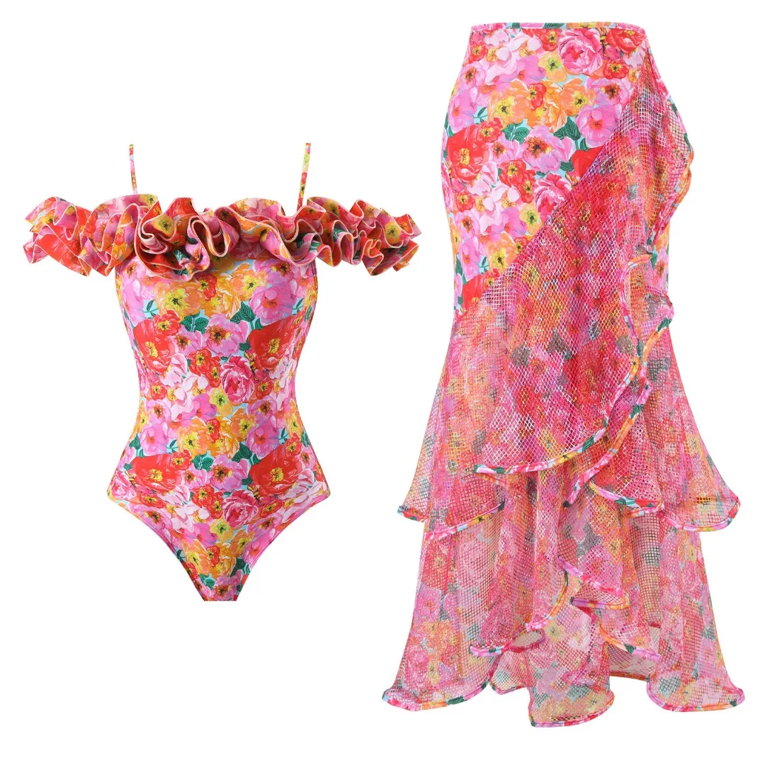 Bloemenprint Off Shoulder Ruche Badmode Met Cover Up Sexy Bikini Set 2024 Biquini Luxe Badpak Strand Bodysuit Monokini