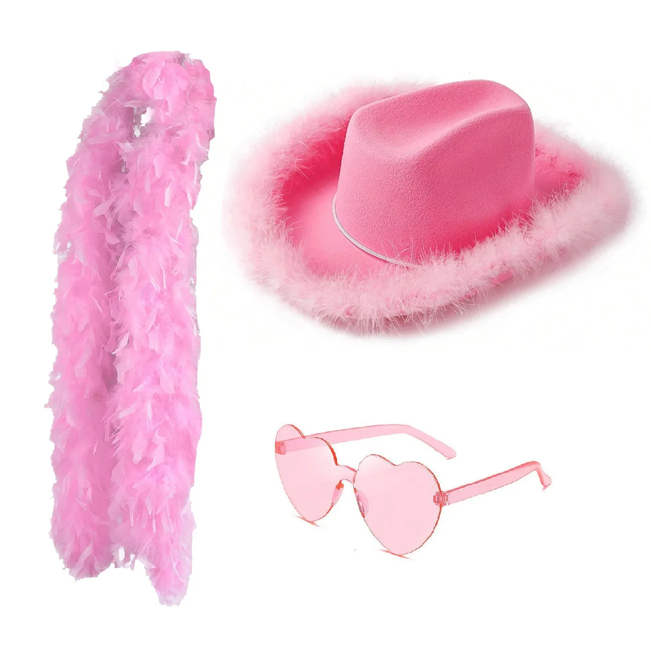 Sombrero de vaquero occidental, gafas de sol rosas, bufanda, toalla, tira de pelo de plumas, fiesta, boda, festivo, Carnaval, COSPLAY, conjunto de accesorios de vestir