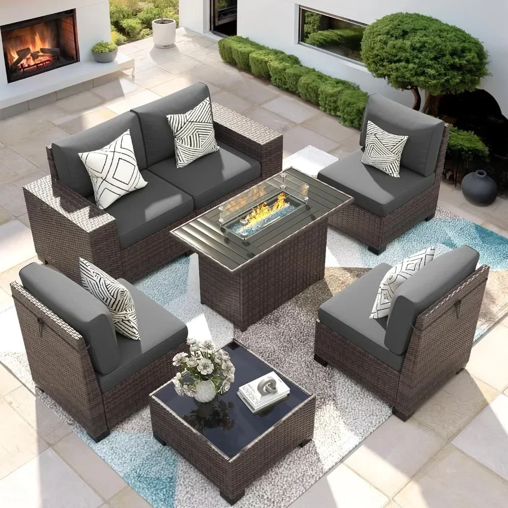 

Outdoor Furniture 7 Piec Set w/Fire Pit Table, Sectional Wicker Conversation Set with 4'' Thickened Cushion& Coffee Table