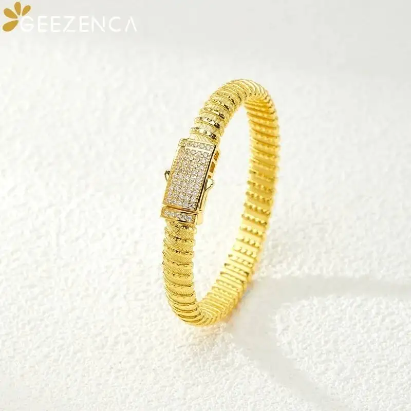 GEEZENCA Italian 925 Sterling Silver CZ 8.4MM Stripe Sparkling Bangle Women Luxury Trendy Stack Cuff Bracelet Love Gift For Her
