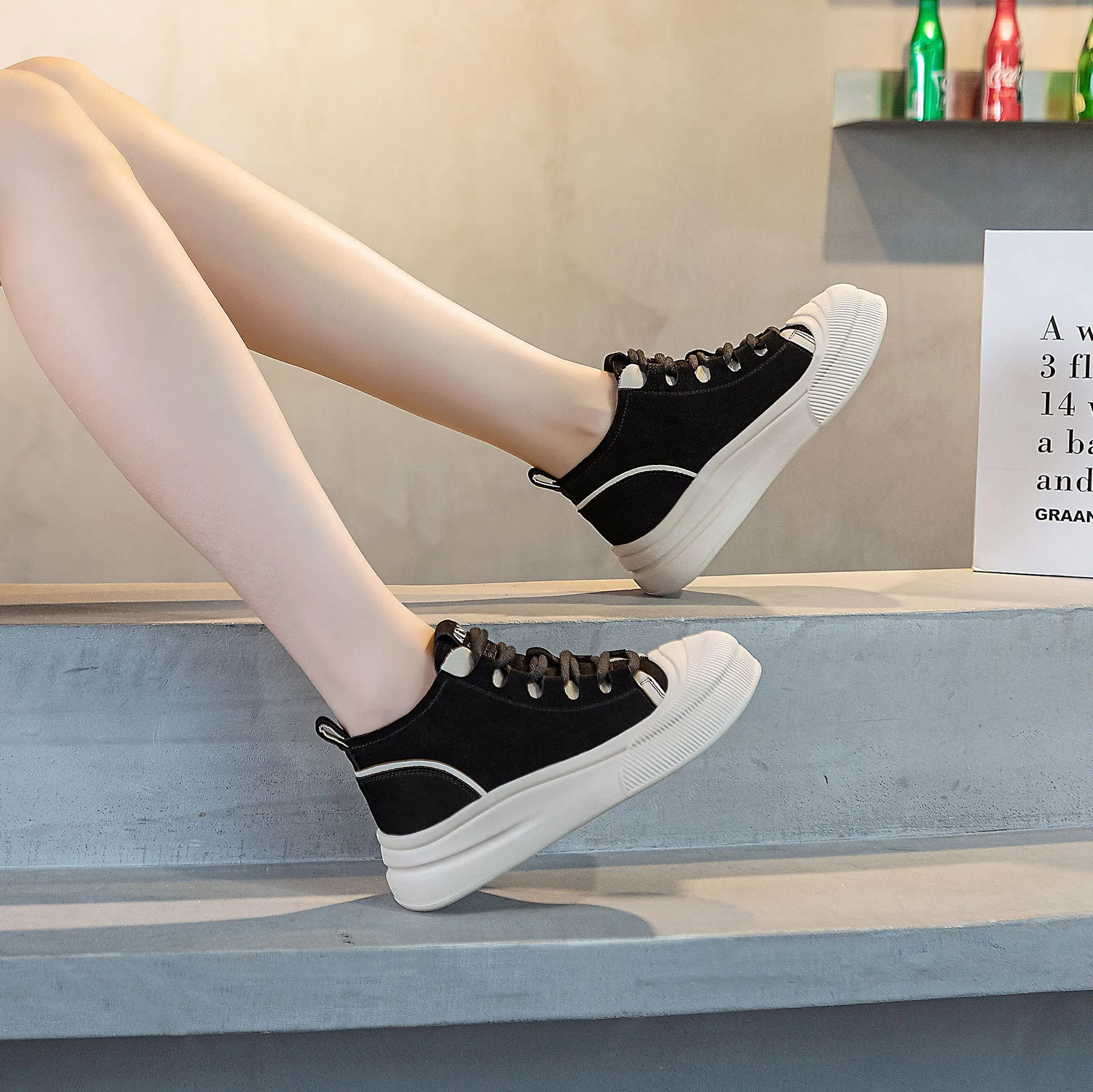 

GKTINOO Women Genuine Leather Sneakers Autumn Thick Sole Casual Platform Shoes Ankle Boots Ladies High Top Vulcanized Shoes