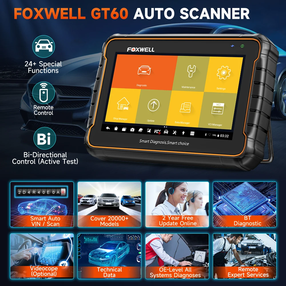 جديد FOXWELL GT60 نظام كامل اختبار نشط قارئ رمز السيارة 24 إعادة تعيين خدمة أداة تشخيص ثنائية الاتجاه obd2 ماسح ضوئي للسيارات