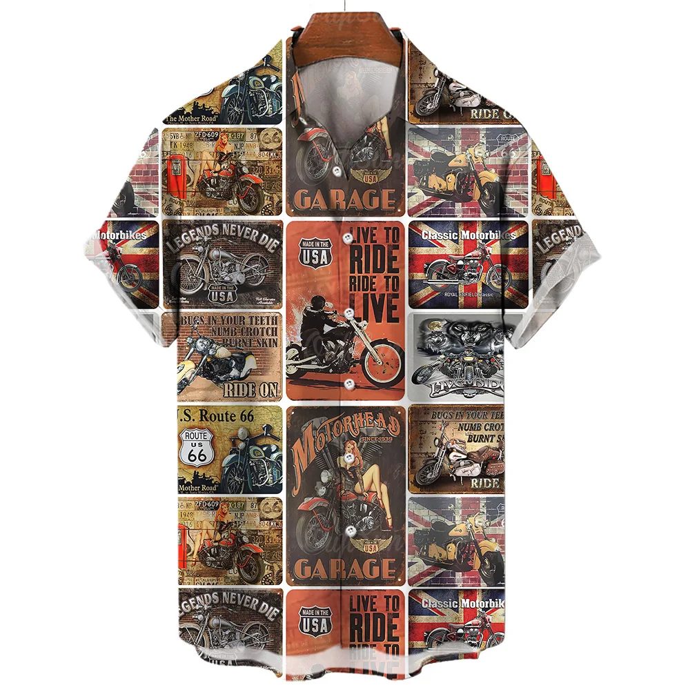 Vintage Men\'S Shirts Motorcycle Tees Route 66 Print Short Sleeve Top Summer Clothing Multiple Pattern Shirt Oversized Streetwear