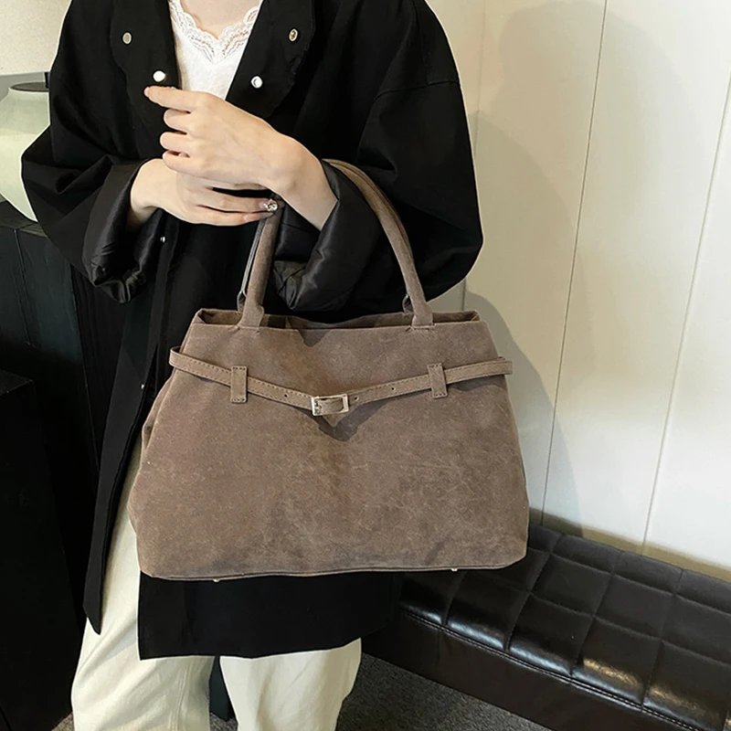 Brown Handbag Buckle Decoration Design Brand Luxury Women\'s Bag Solid Color Imitation Suede Large Capacity Buckle Casual Handbag