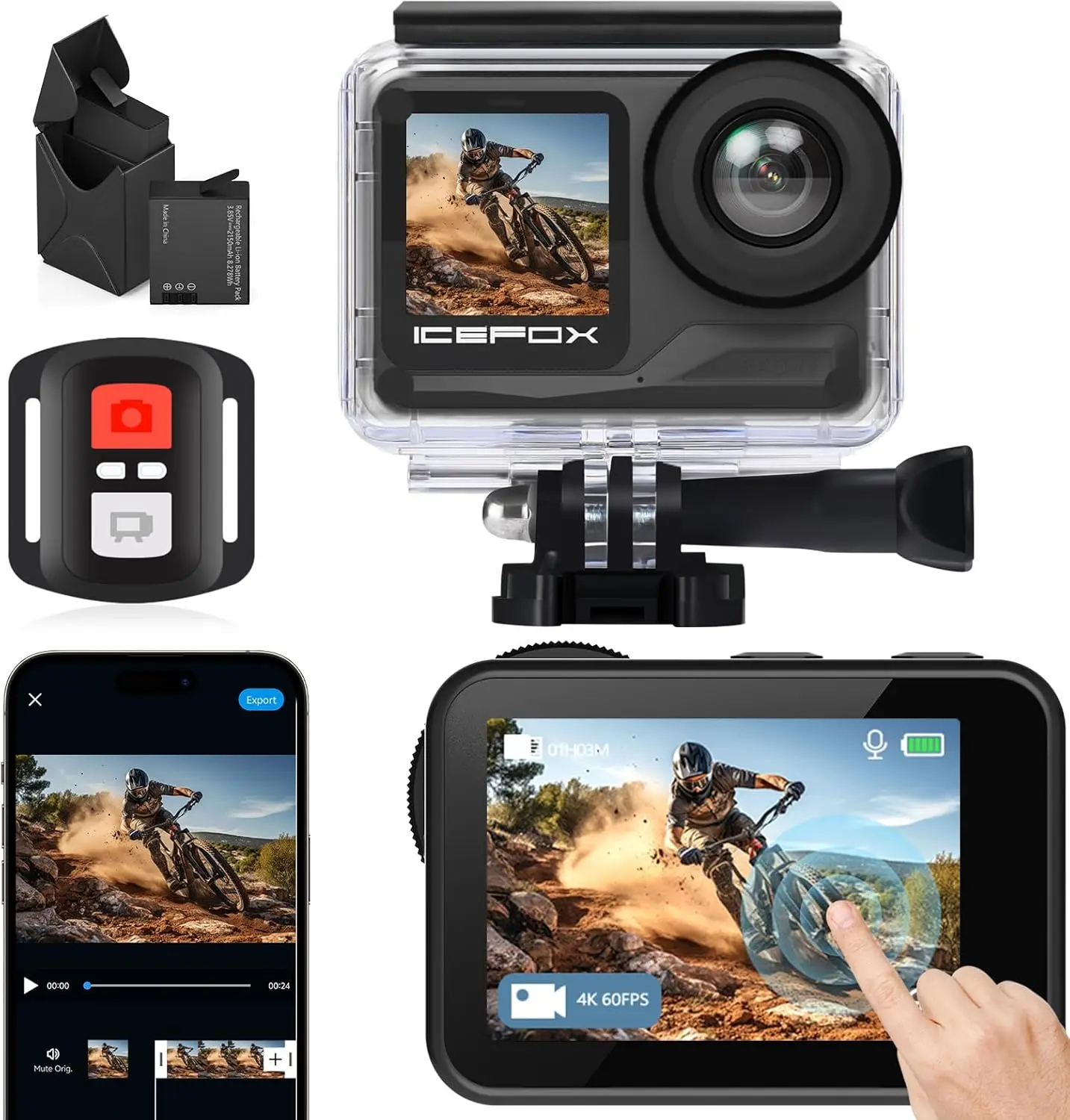 

Экшн-камера 4K 60FPS с двумя аккумуляторами, водонепроницаемым корпусом, Wi-Fi пультом и приложением для редактирования для приключений на природе