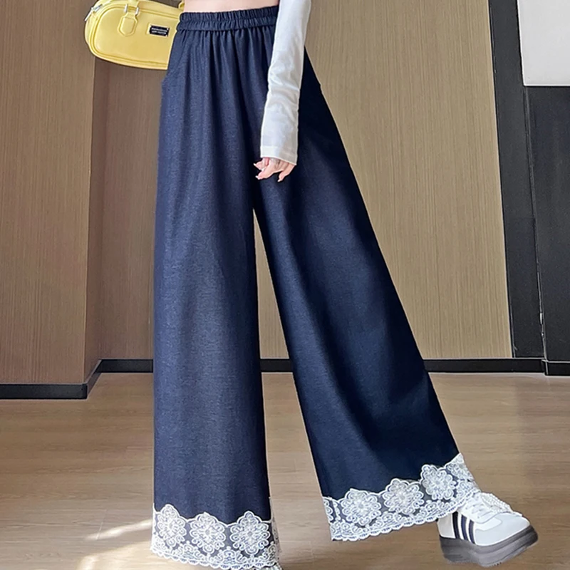 Women Korean Soft Denim Jeans High Waisted Sweet Lace Patchwork Wide Leg Pants Casual Fashion Elegant Spring Lazy Blue Trousers