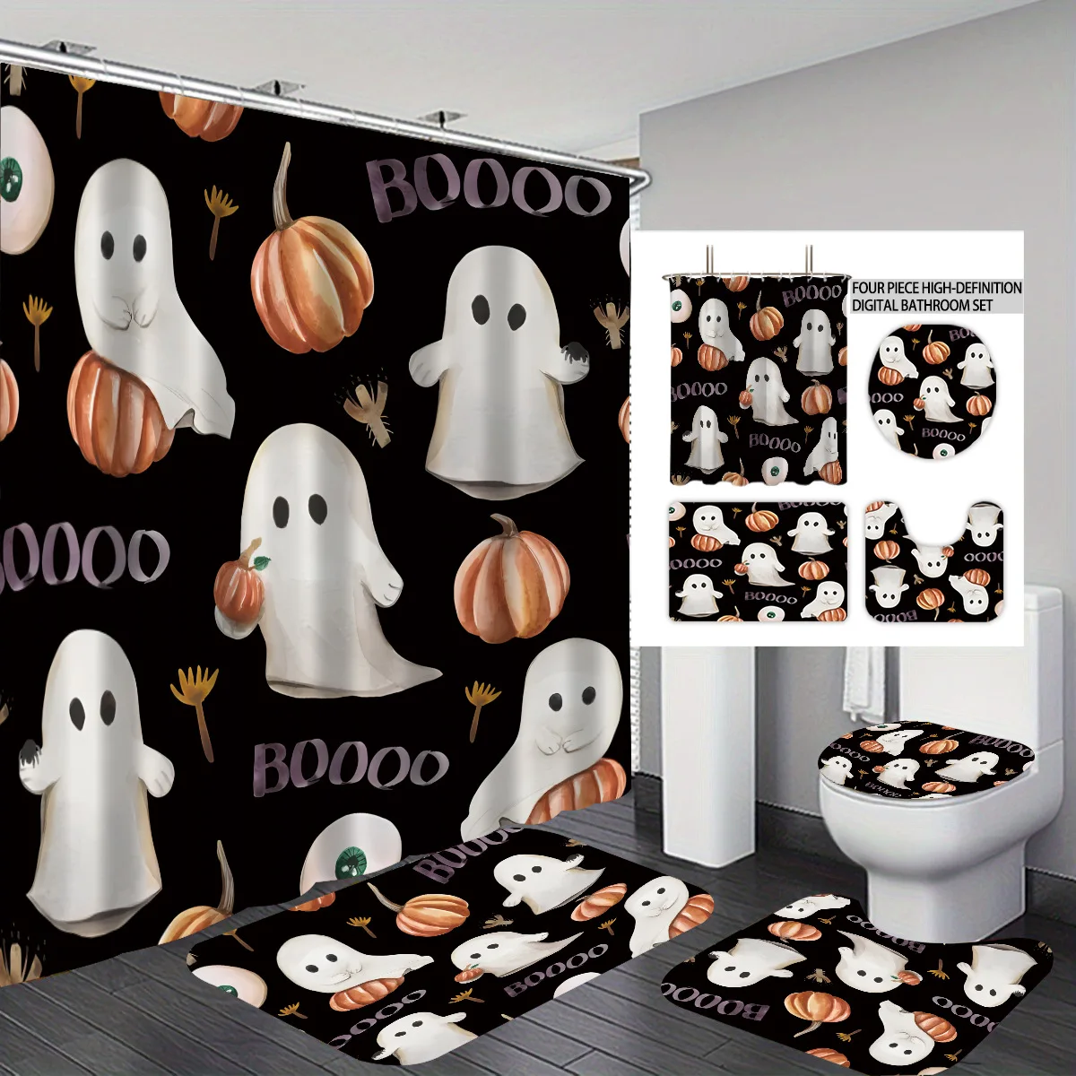 Halloween-Dekor Duschvorhang-Set, Gothic-Schädel-Pop-Art-Druck, schnelltrocknend, langlebig, wasserdicht, mit 12 Haken und 3-teiliger Bodenmatte