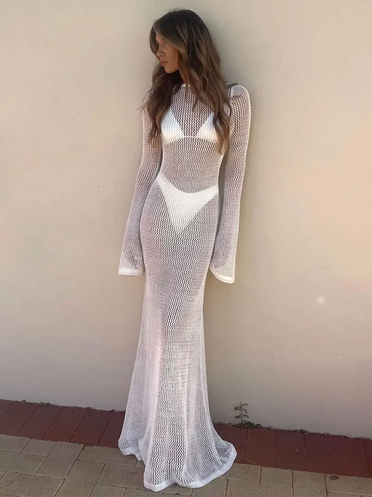 

Sexy Knitted Long Bell Sleeve Backless Cut Out Comfy Beach Maxi Dress 2024 Summer Chic Party Beachwear Swimsuit Cover-ups A2420