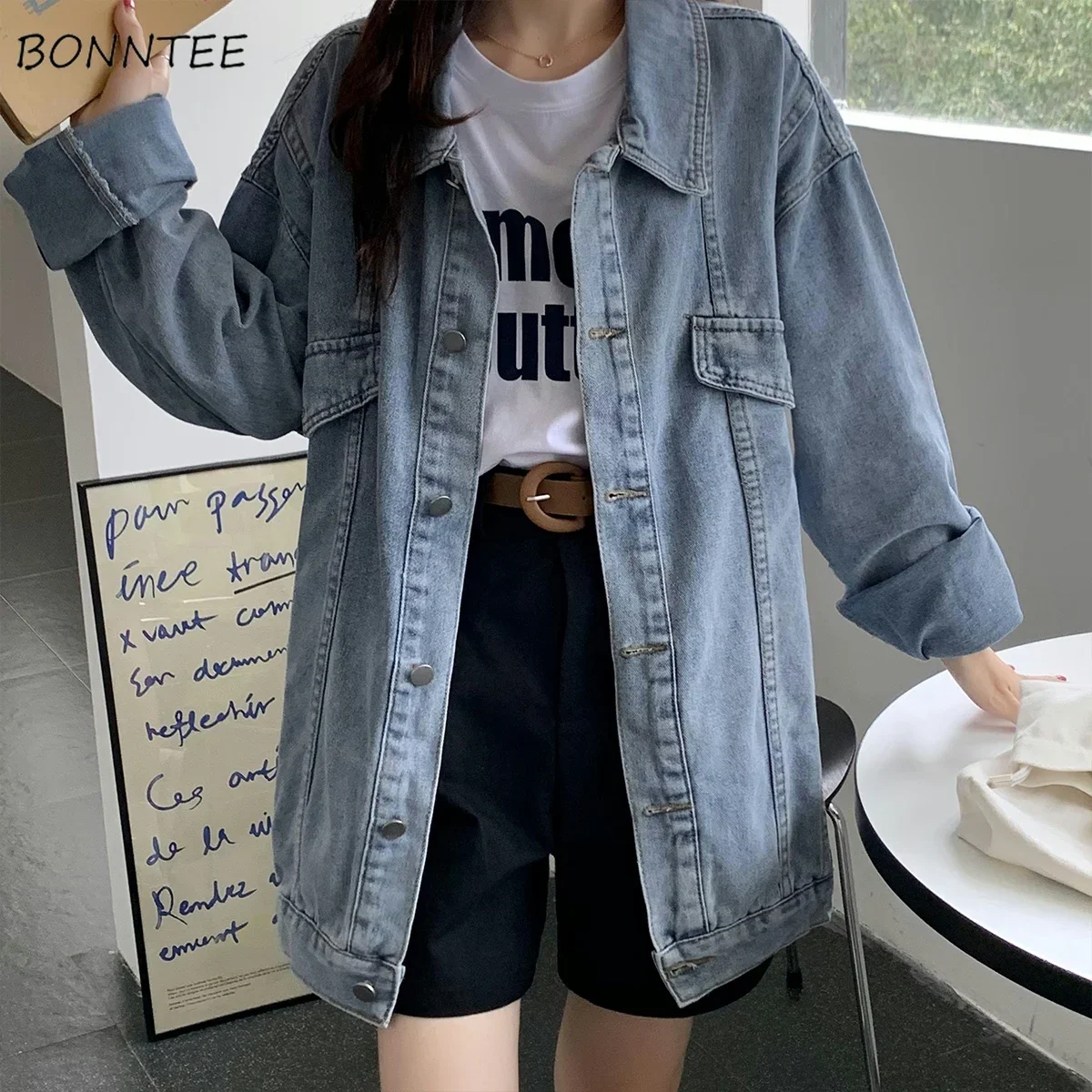 Denim Jacket Women Retro Washed All-match Baggy Coats Simple Korean Fashion High Street Couples BF Designed 2024 New Chic Girl